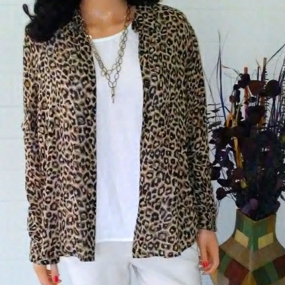 Black Tan Animal Print Button Down Blouse
